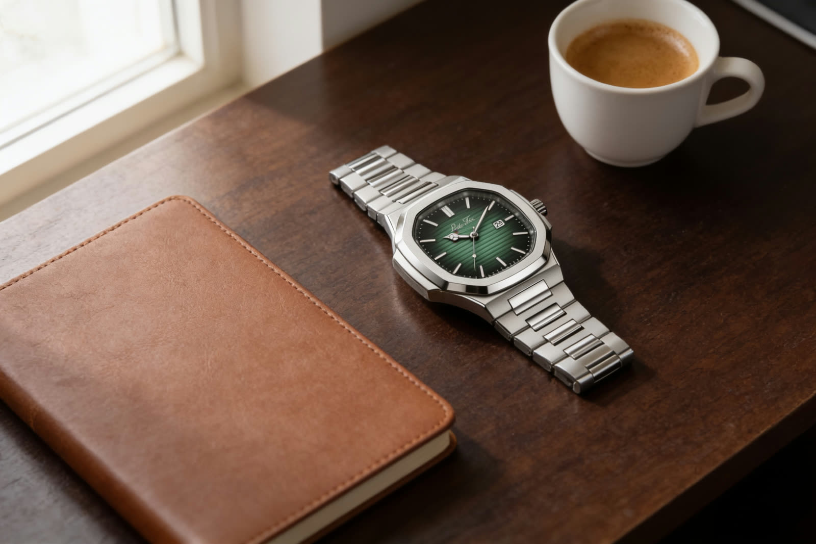 A steel watch with a green dial lying on a walnut desk beside a leather notebook and an espresso cup