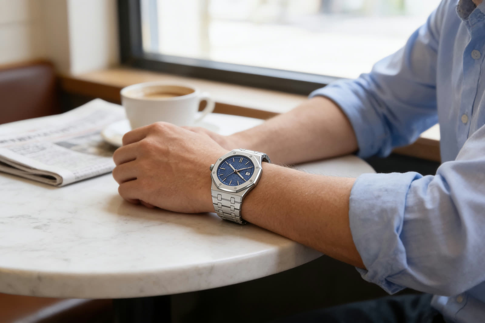 A steel watch with a blue checkered textured dial on a wrist resting on a cafe table