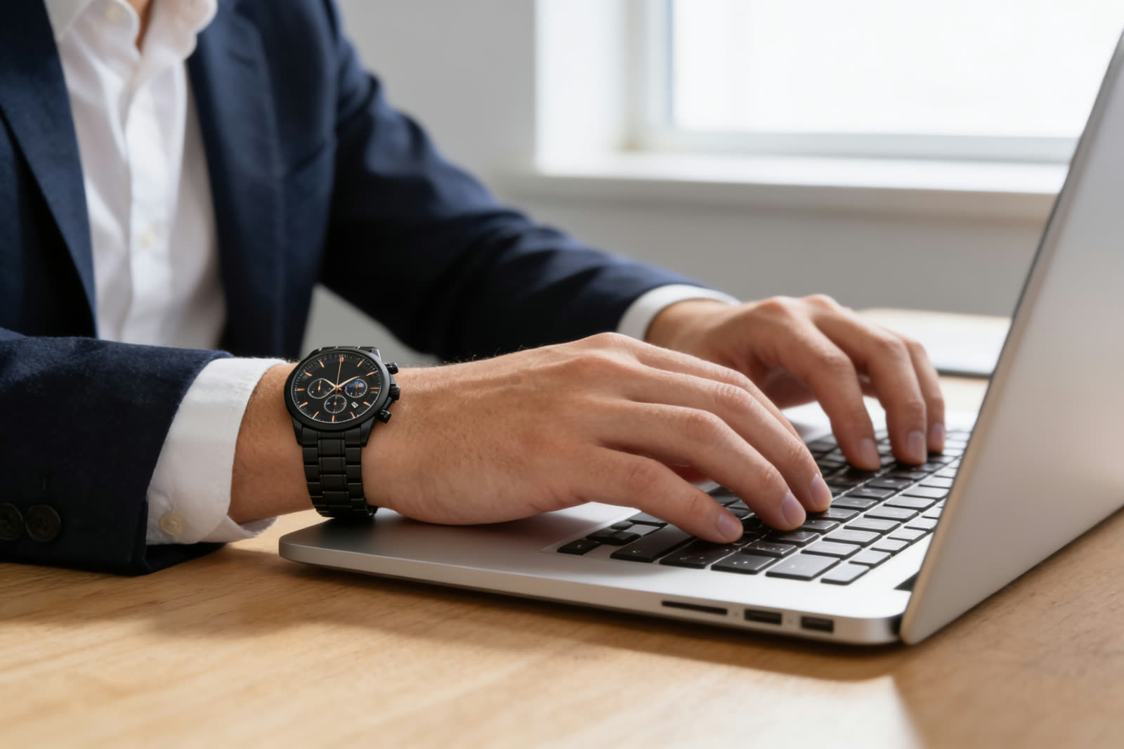A black chronograph on a black bracelet worn with a navy suit while typing on a laptop